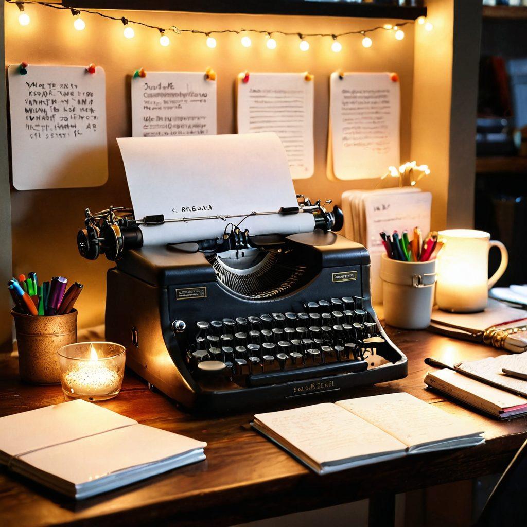 A cozy, inviting workspace with a vintage-typewriter on a wooden desk, scattered notebooks, and colorful pens. A laptop emits a warm glow, surrounded by inspirational quotes pinned on a corkboard. Soft fairy lights twinkle in the background, enhancing the creative ambiance, with a steaming cup of coffee nearby. super-realistic. warm tones. vibrant lighting.
