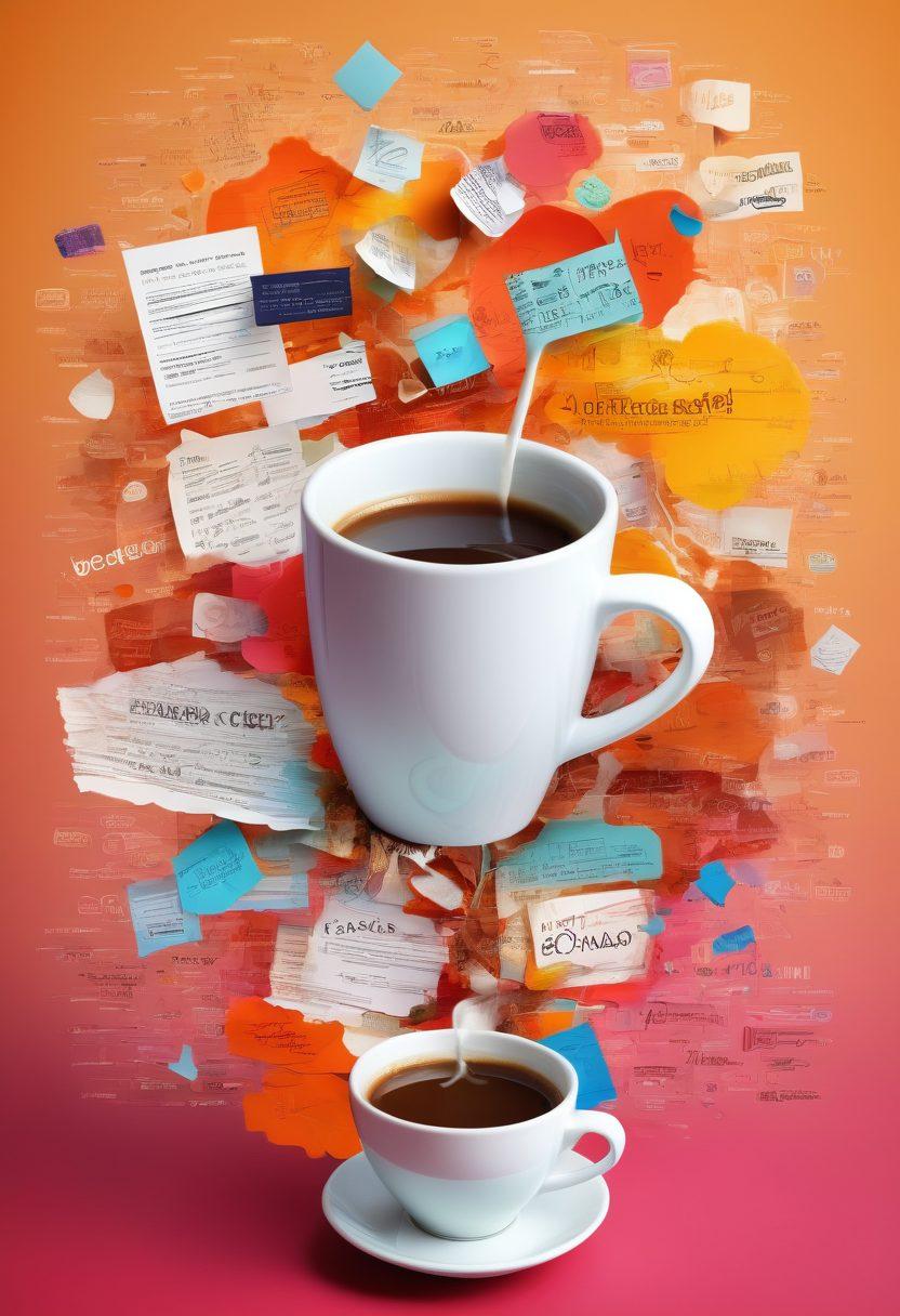 A dynamic collage showcasing diverse blog topics, with vibrant graphs and digital elements representing trending ideas. Include silhouettes of writers actively brainstorming with coffee cups, surrounded by floating word clouds of popular keywords. The background should suggest a bustling online environment, symbolizing the blogosphere. Colorful, modern, and engaging composition. super-realistic. vibrant colors. 3D.