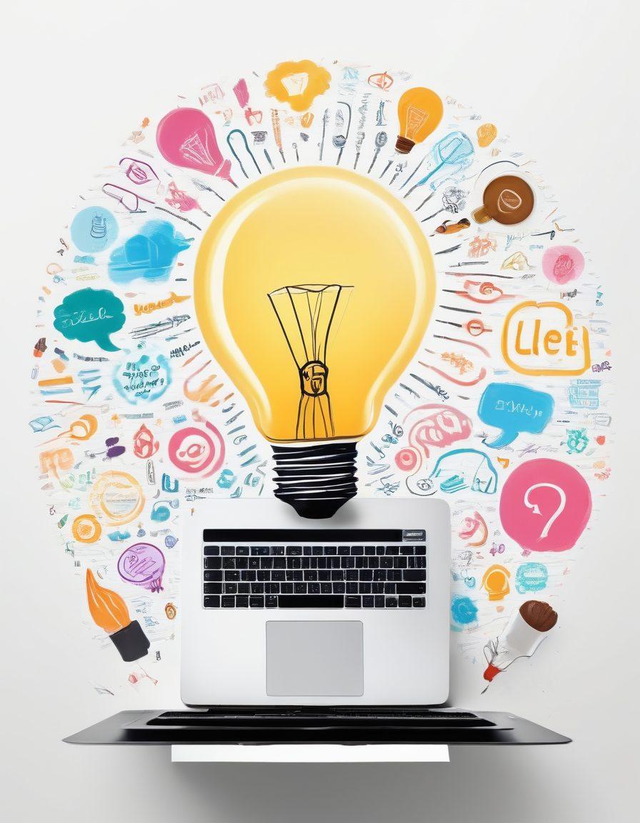 A vibrant digital collage showcasing diverse bloggers from the JTGP community passionately engaging in discussions. Incorporate elements like laptops, coffee cups, and notebooks, surrounded by trending hashtags and icons symbolizing various blog topics. A light bulb representing ideas emanates in the center, radiating colorful lines connecting the bloggers. Use a modern and inviting color palette with lively details. super-realistic. vibrant colors. white background.